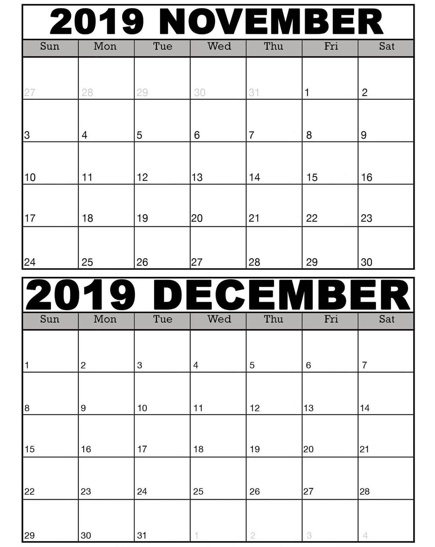 November And December 2019 Calendar Template - 2019