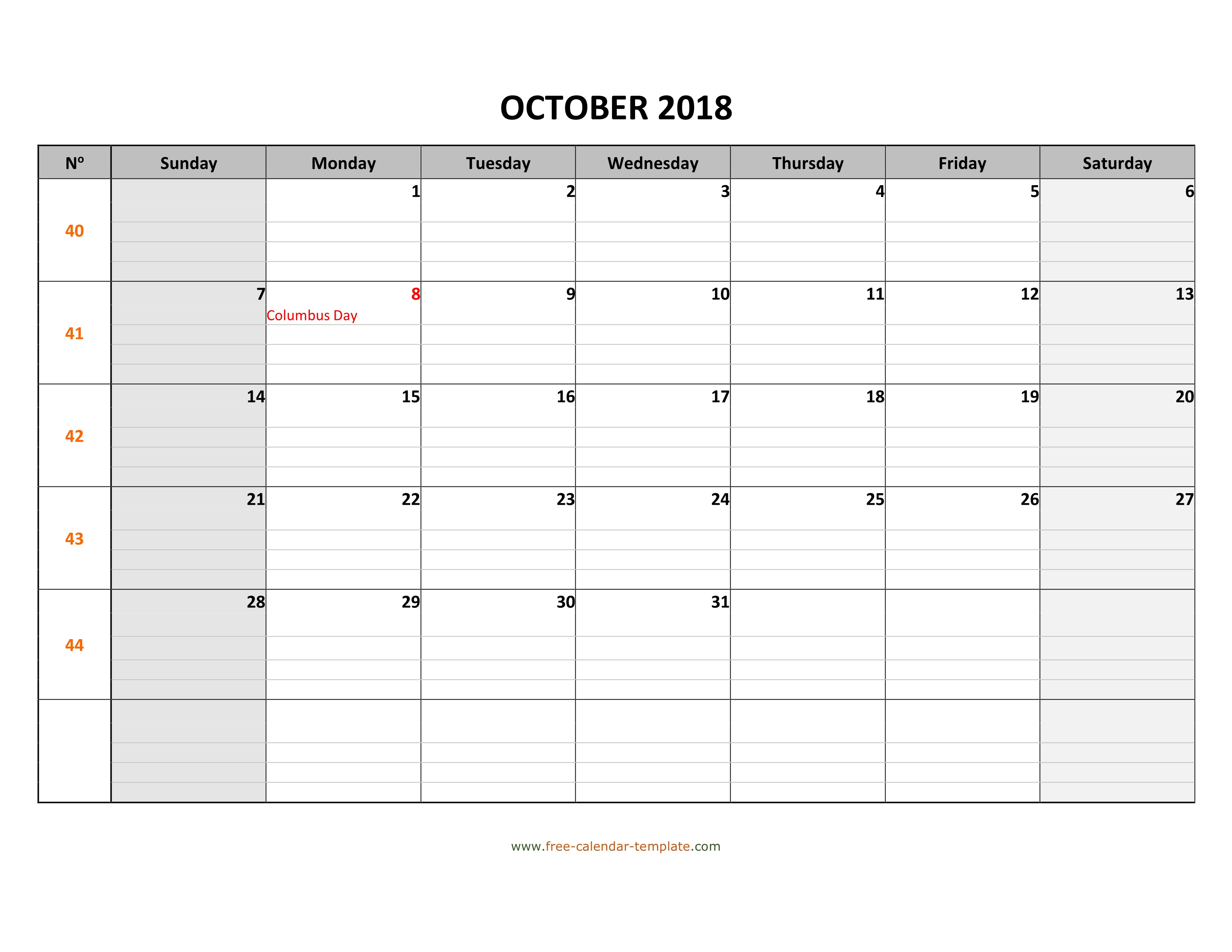 October 2018 Calendar Free Printable With Grid Lines