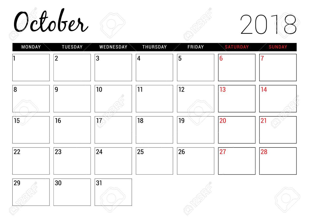 October 2018. Printable Calendar Planner Design Template. Week..