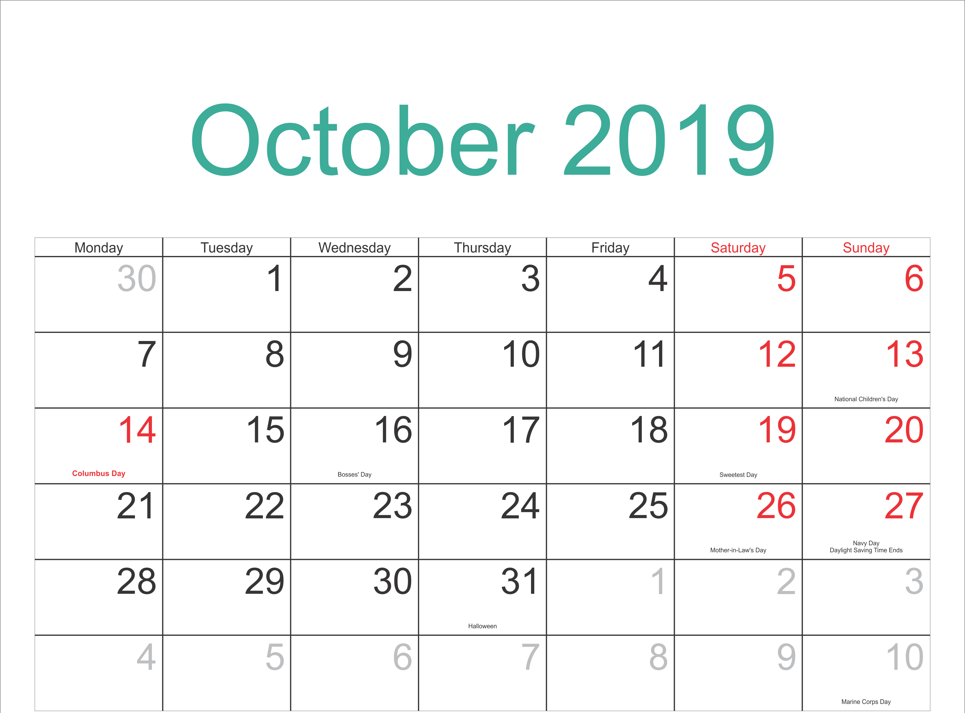 October 2019 Calendar With Holidays Template | Monthly