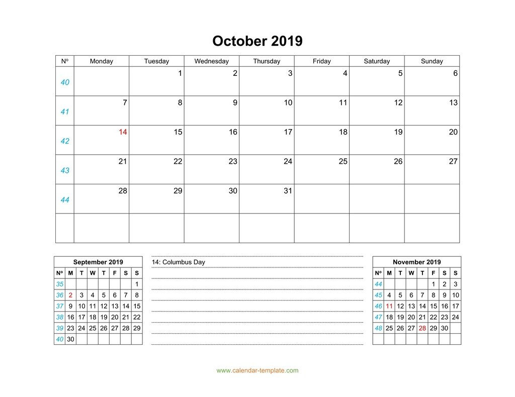 October 2019 Calendar With Previous And Next Month (Bottom)