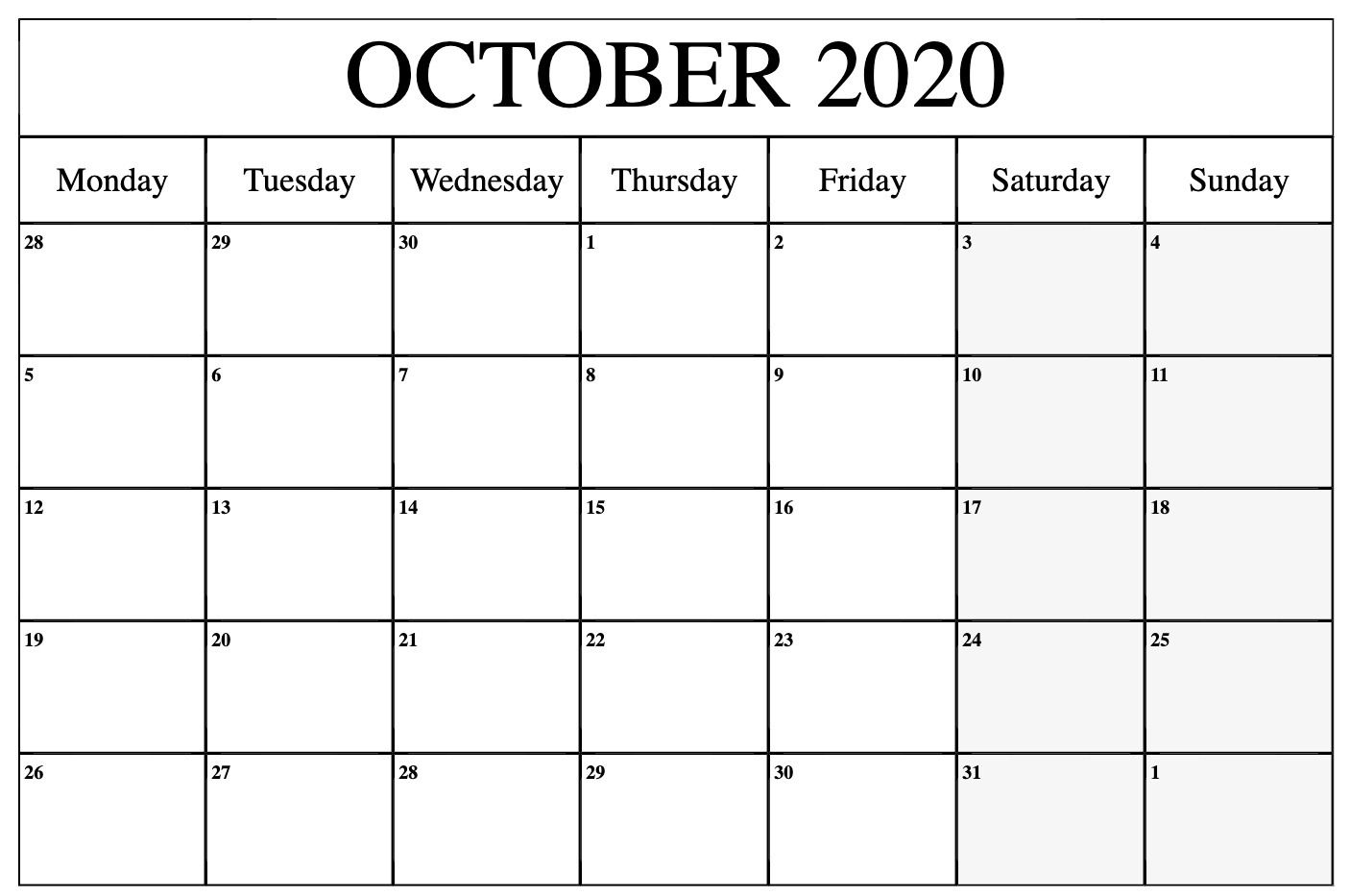 October 2020 Calendar Pdf, Word, Excel Template 1