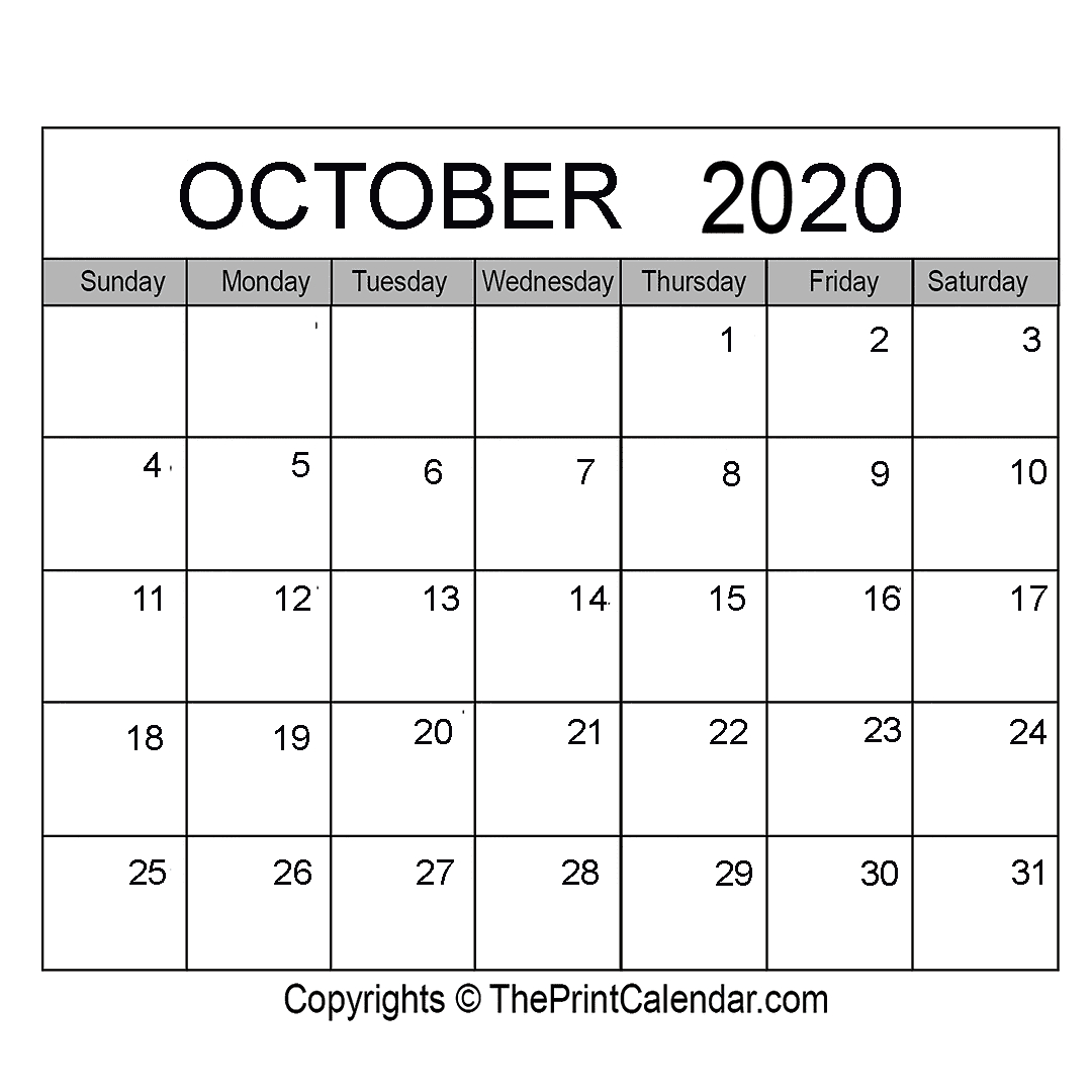 October 2020 Printable Calendar Template [Pdf, Word &amp; Excel]