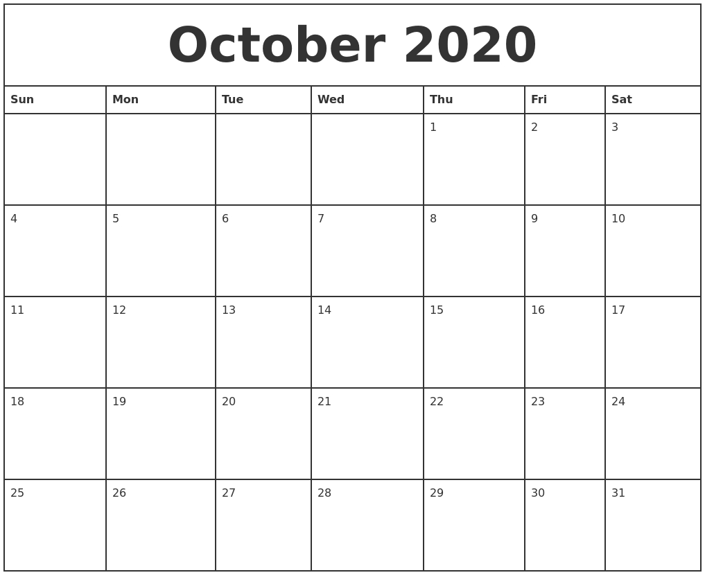 October 2020 Printable Monthly Calendar