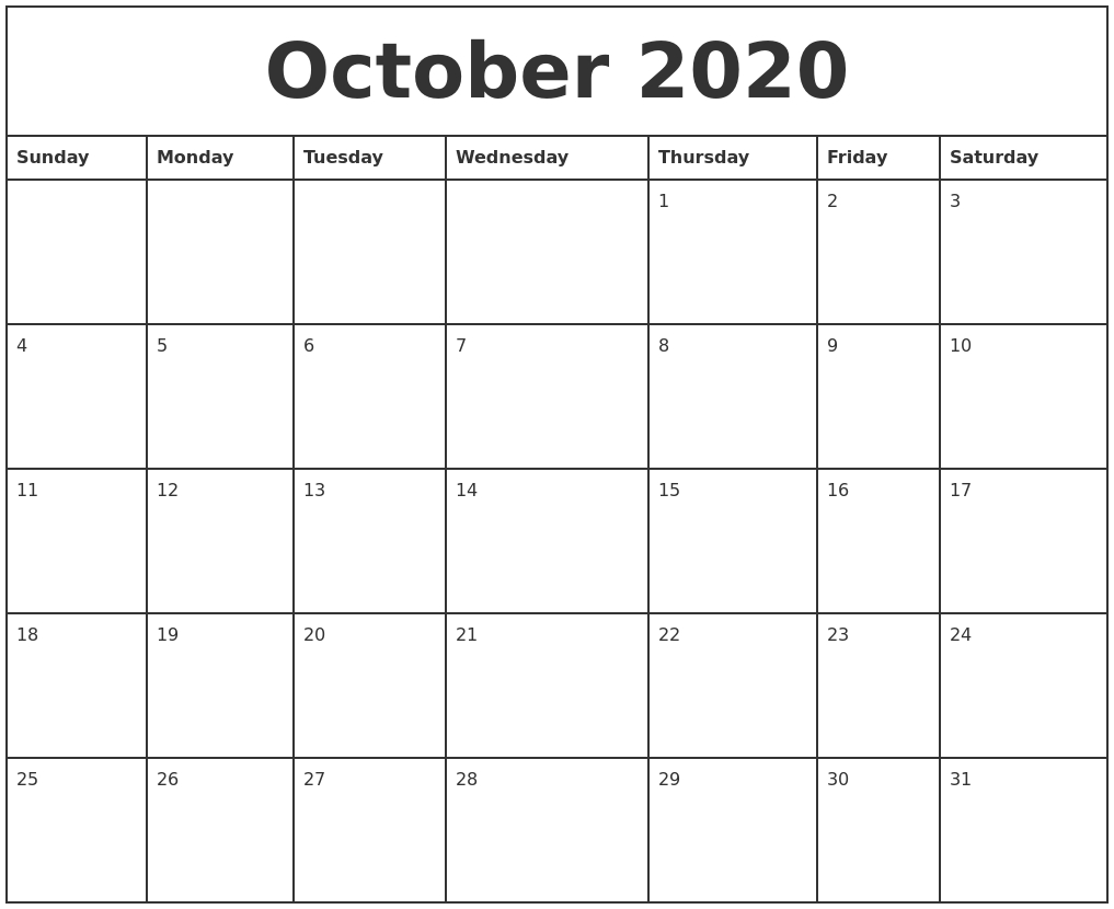 October 2020 Printable Monthly Calendar