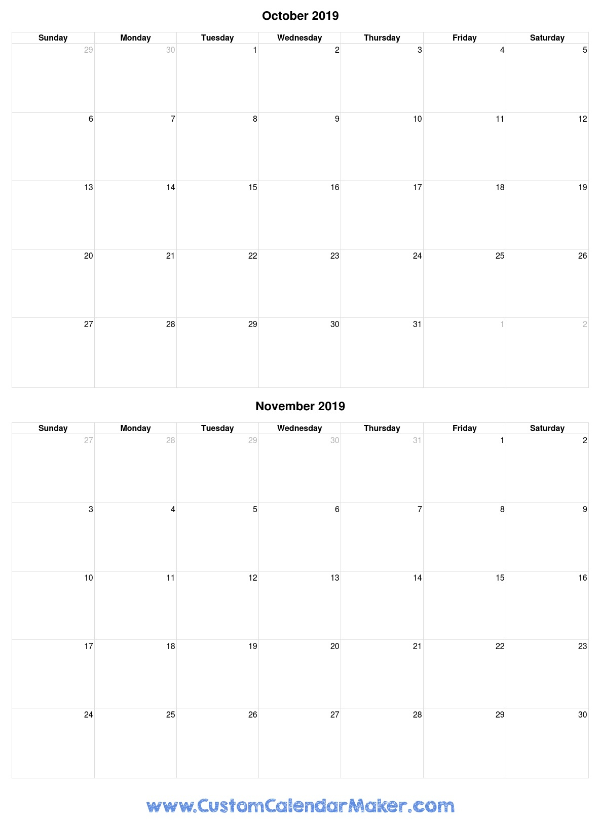 October And November 2019 Free Printable Calendar