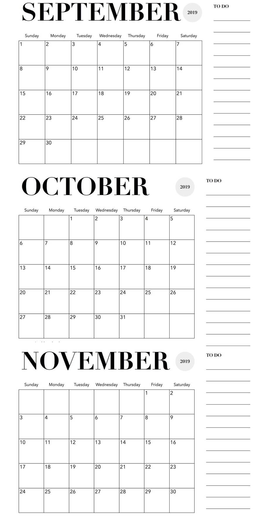 October November 2019 Calendar Printable Template Free