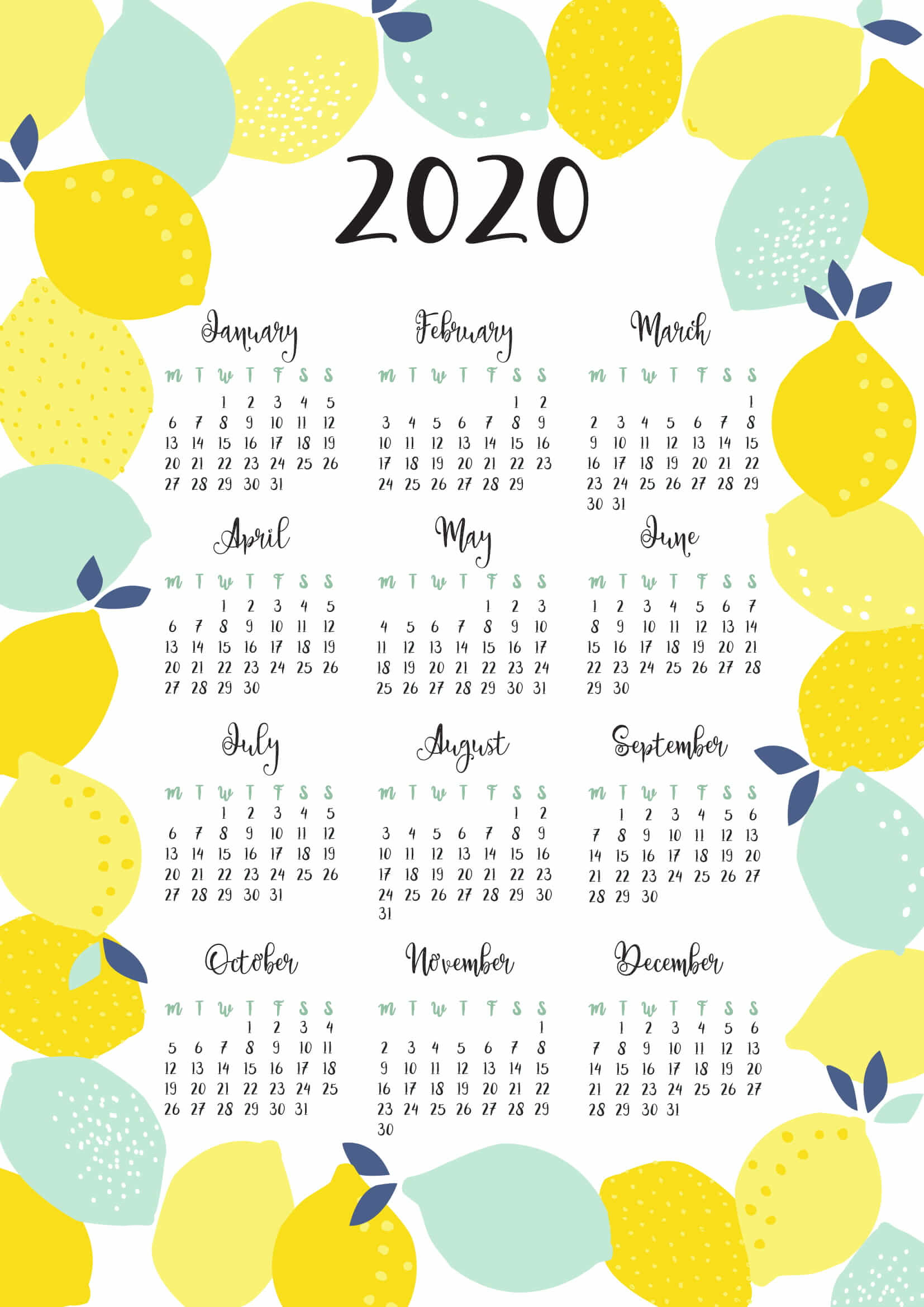 One Page Yearly Calendar 2020 Printable Cute - 2019