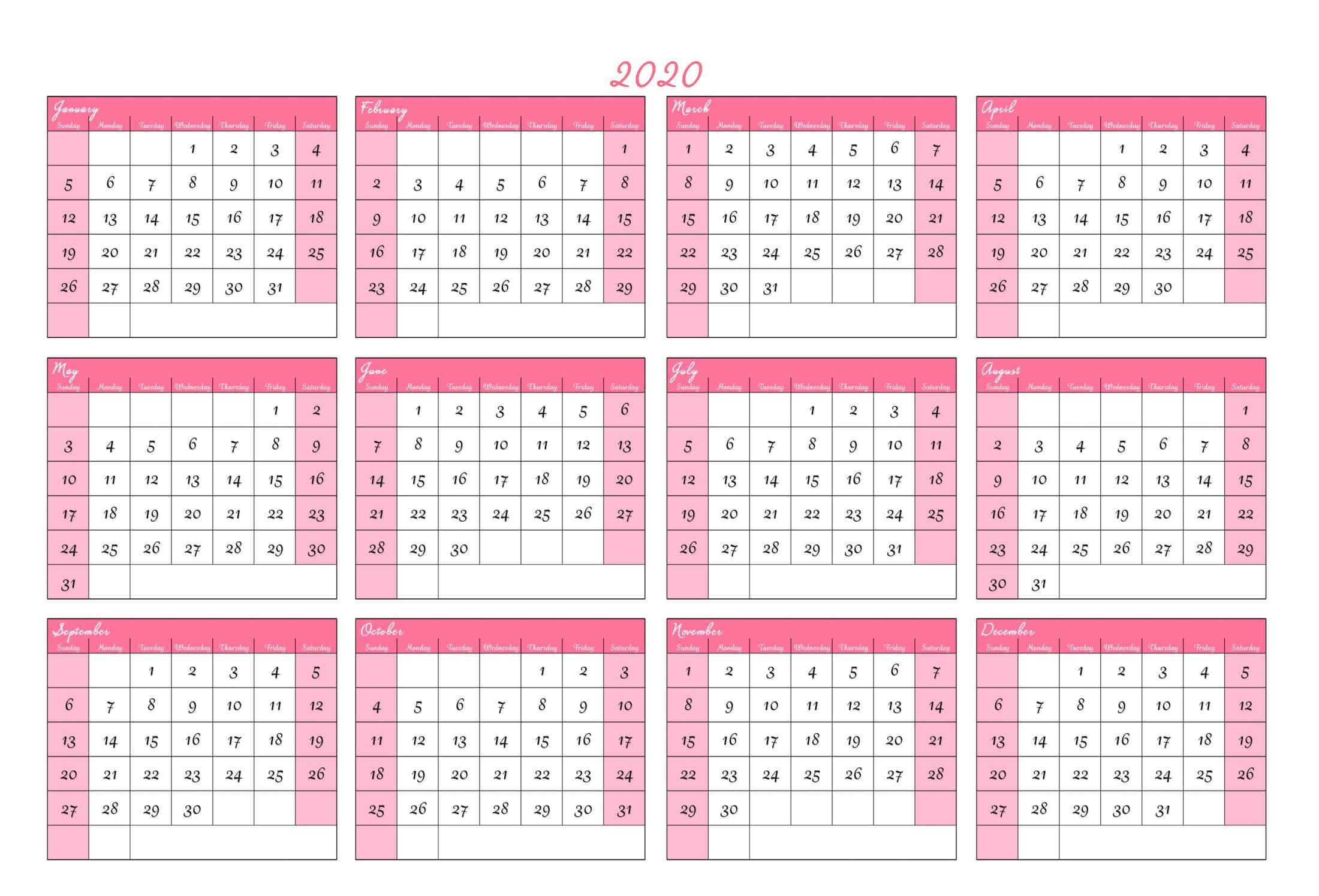 One Page Yearly Calendar 2020 Printable Cute - 2019