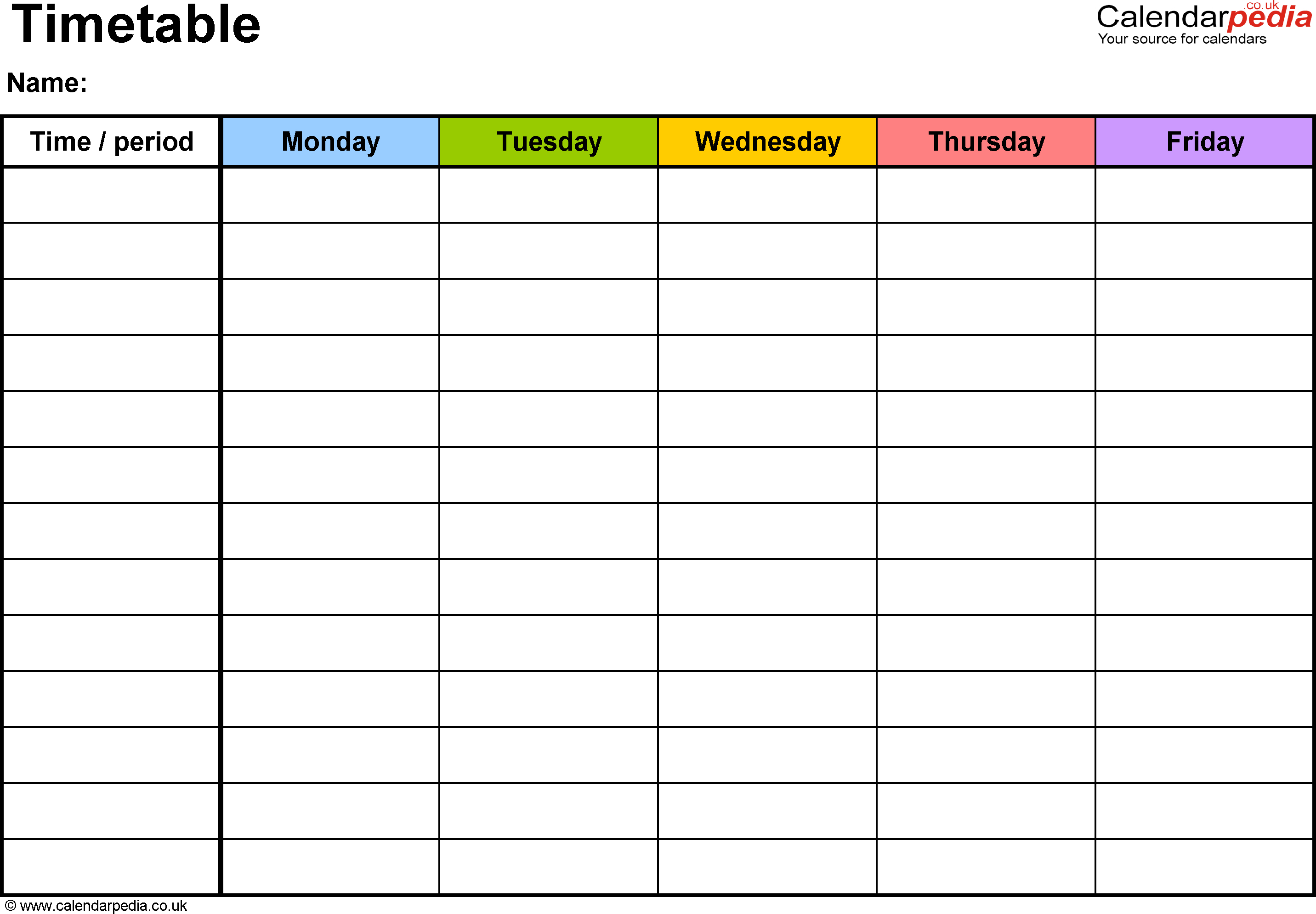 Monday – Friday Timetable Template