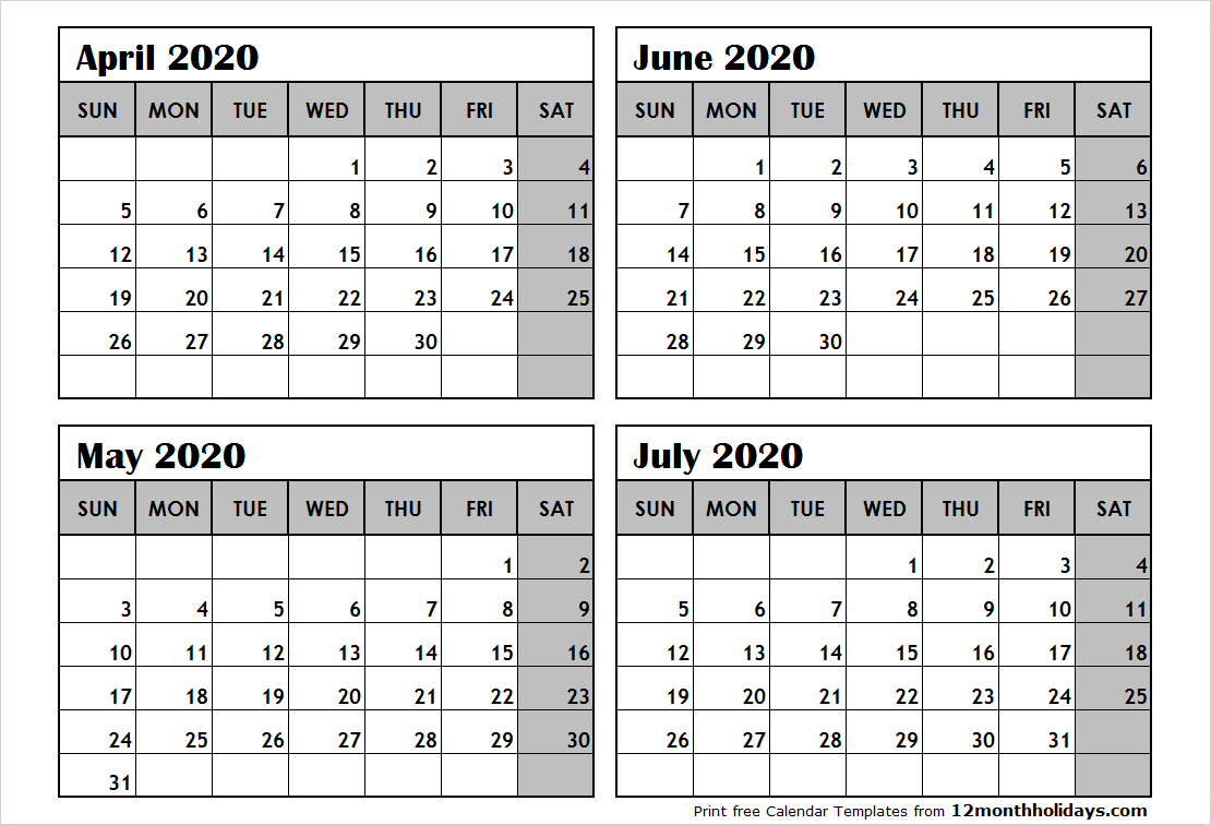 Print April To July 2020 Calendar Template | 4 Month Calendar
