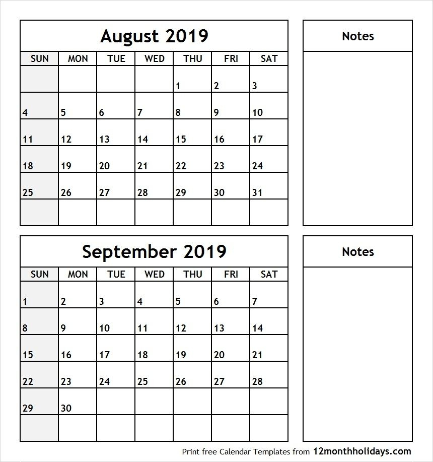Print August September 2019 Calendar Template | 2 Month