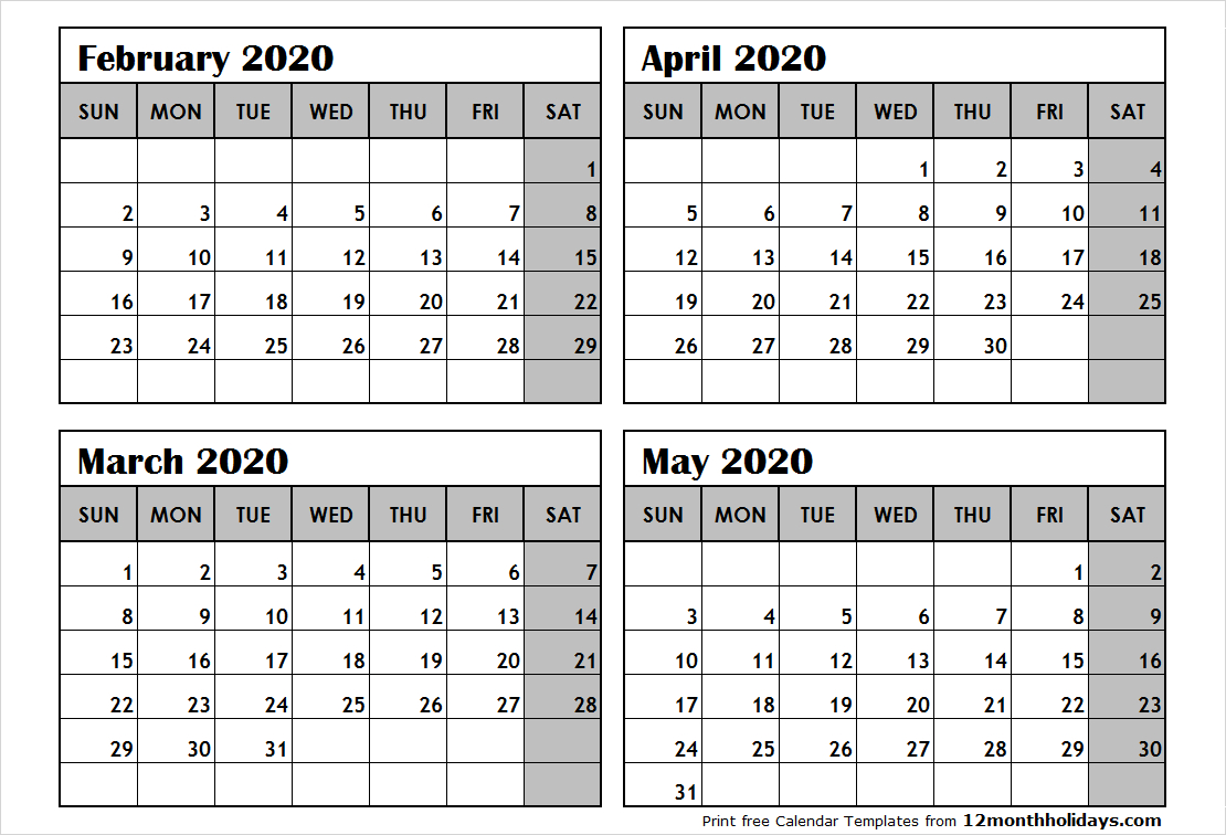 Print February To May 2020 Calendar Template | 4 Month Calendar