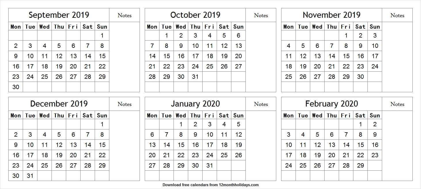 Print Free 6 Month Calendar September To February 2020 With