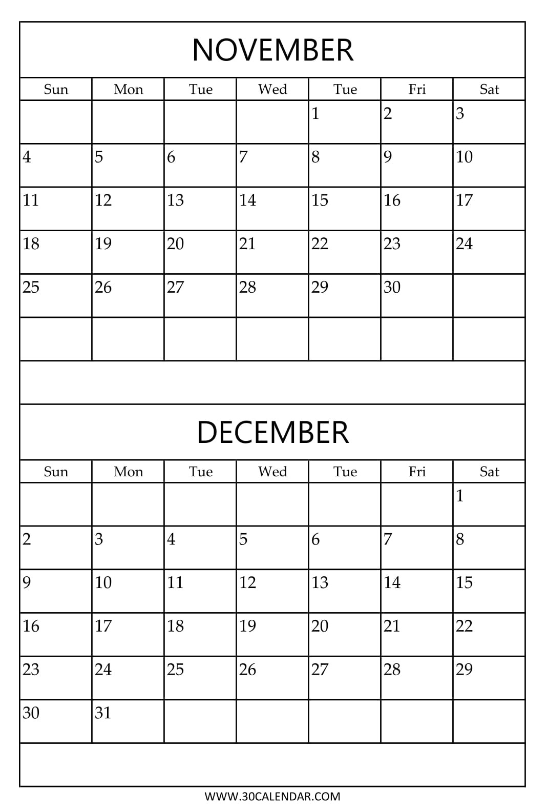 Printable November And December Calendar