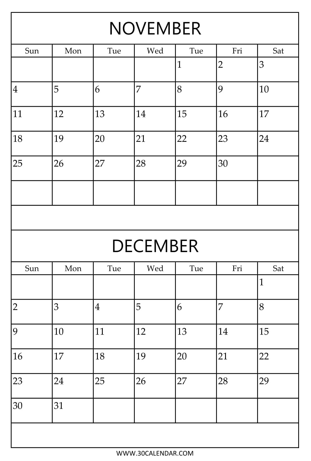 Calendar November December Printable Calendar