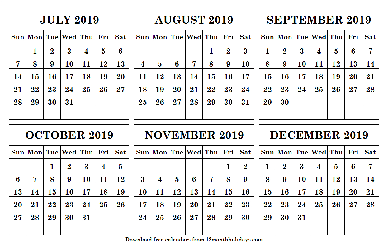 Print Free July December 2019 Calendar Online With Notes