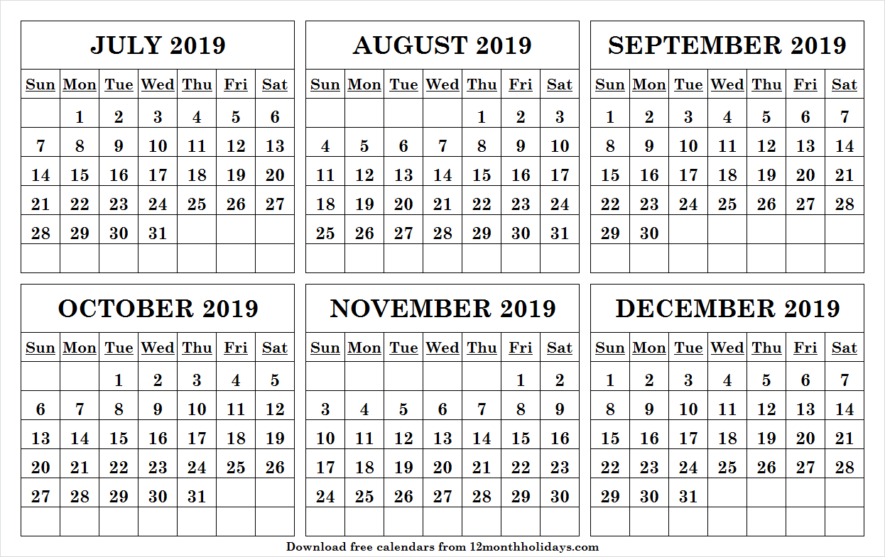 6 Month Calendar 2019 July December Example Calendar Printable