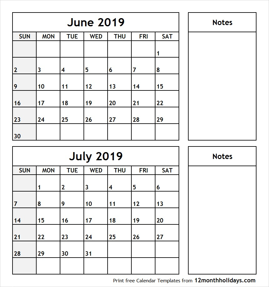 Print June July 2019 Calendar Template | 2 Month Calendar