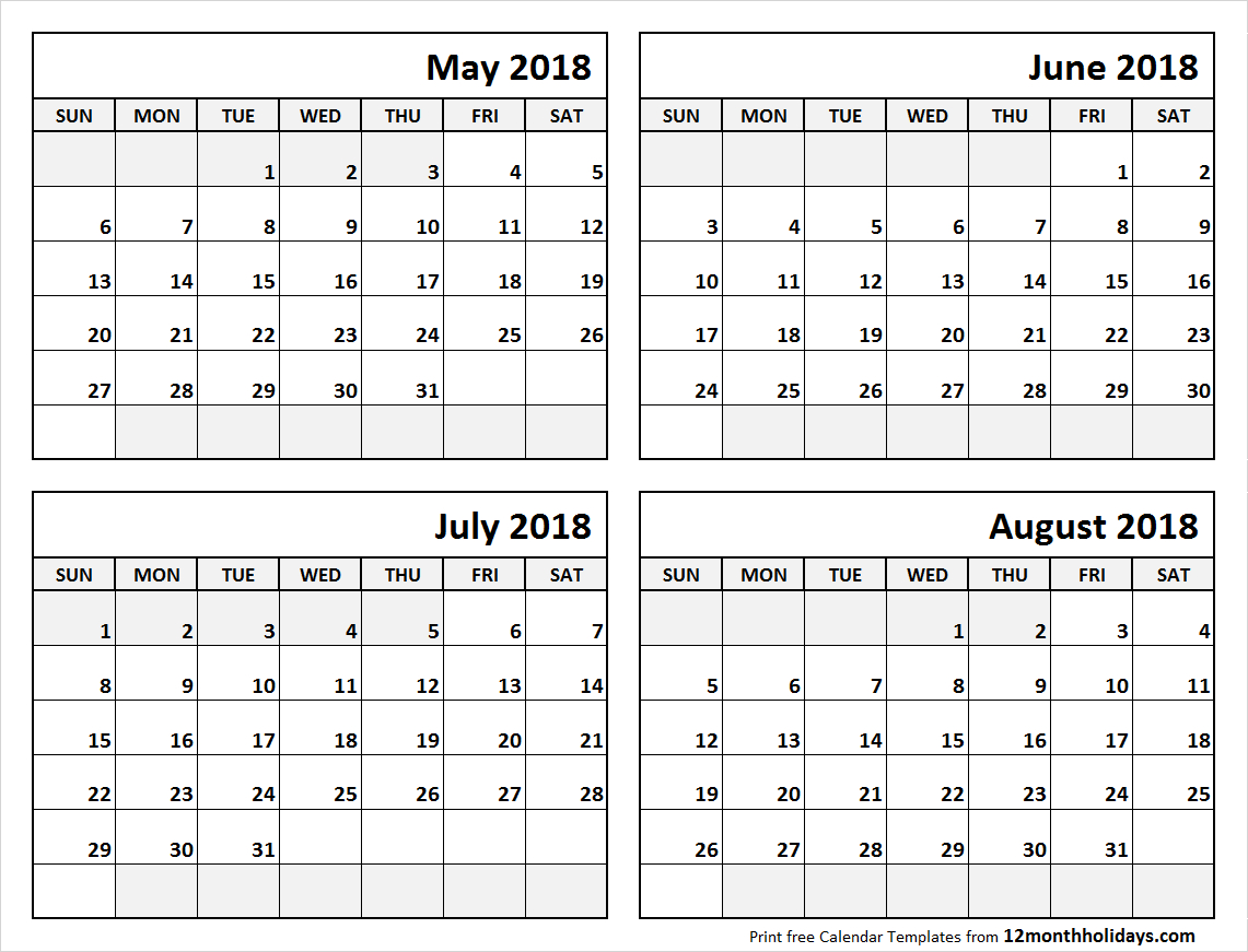 Print May To August 2018 Calendar Template | 4 Month Calendar