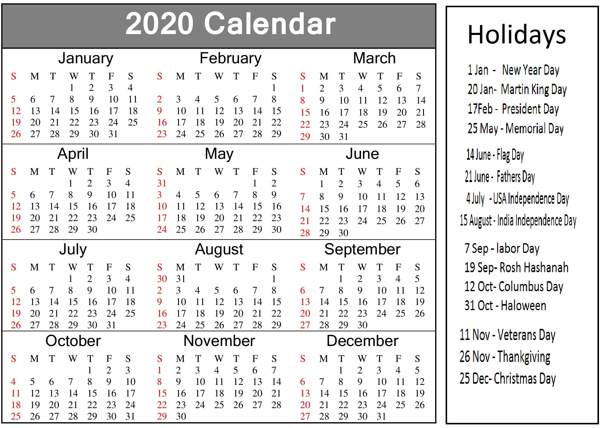 Printable 2020 Calendar With American Holidays - Latest