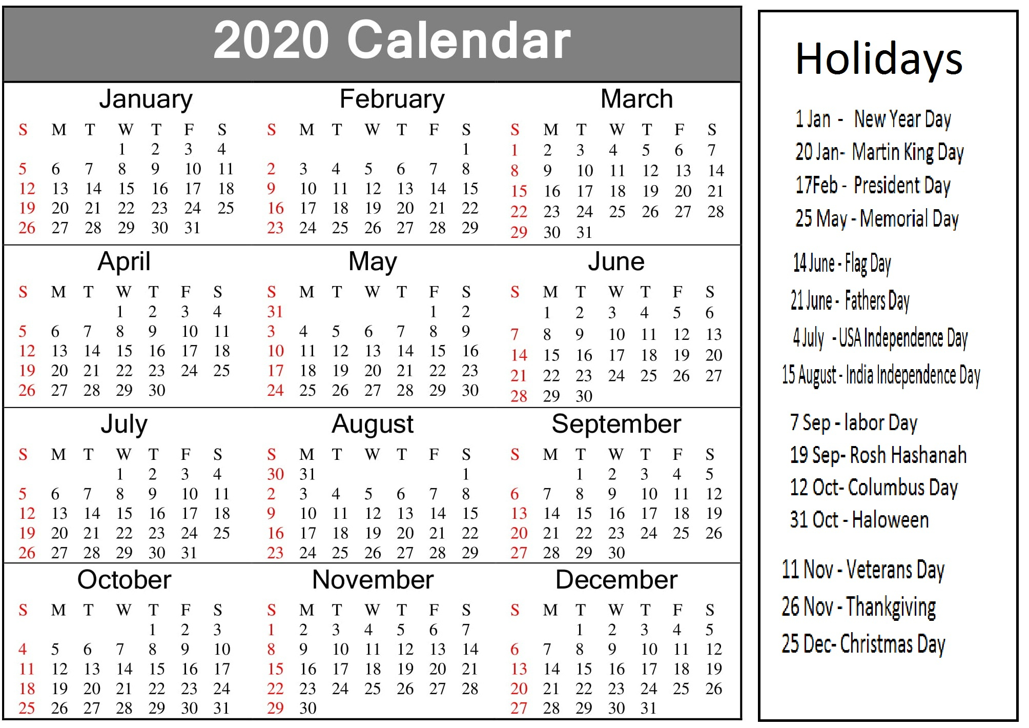 2020 Holiday Calendar Usa Free Printable - Free Printable Year 2020 Calendar - We also provide usa holiday calendar for 2020 in word, excel, pdf and printable online formats.