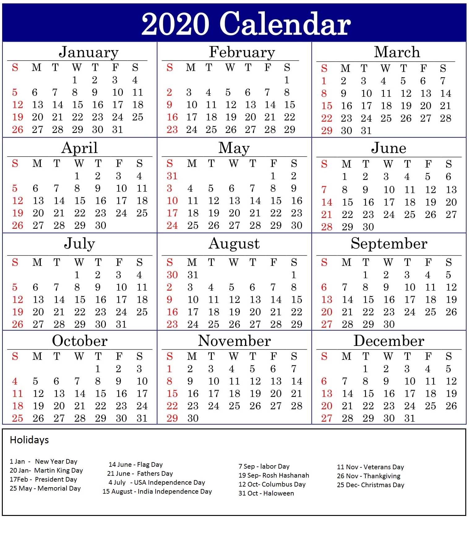 Printable Usa 2020 Calendar With Holidays | Example Calendar Printable