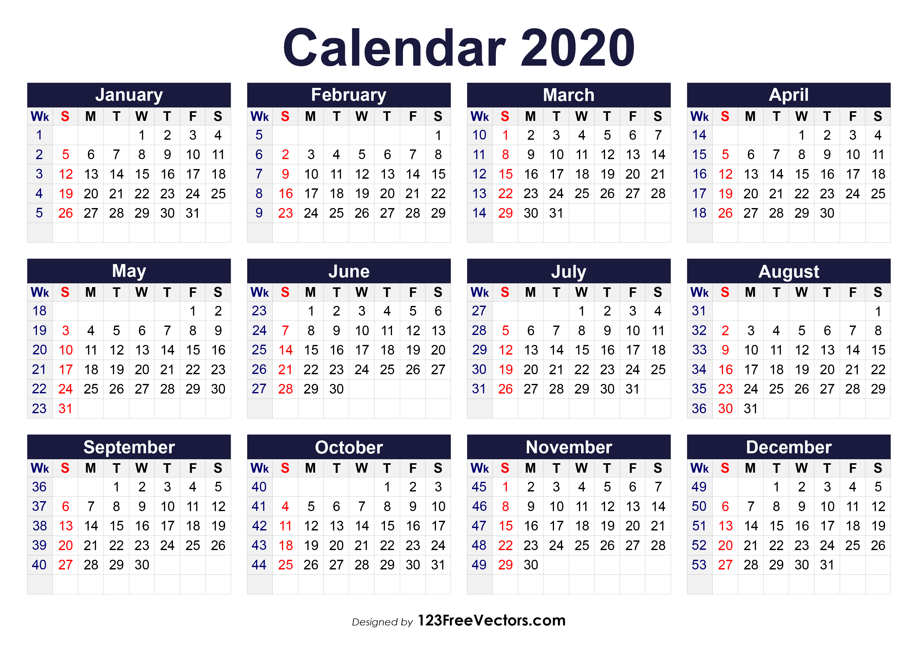 Printable Calender With Week Numbers 2020