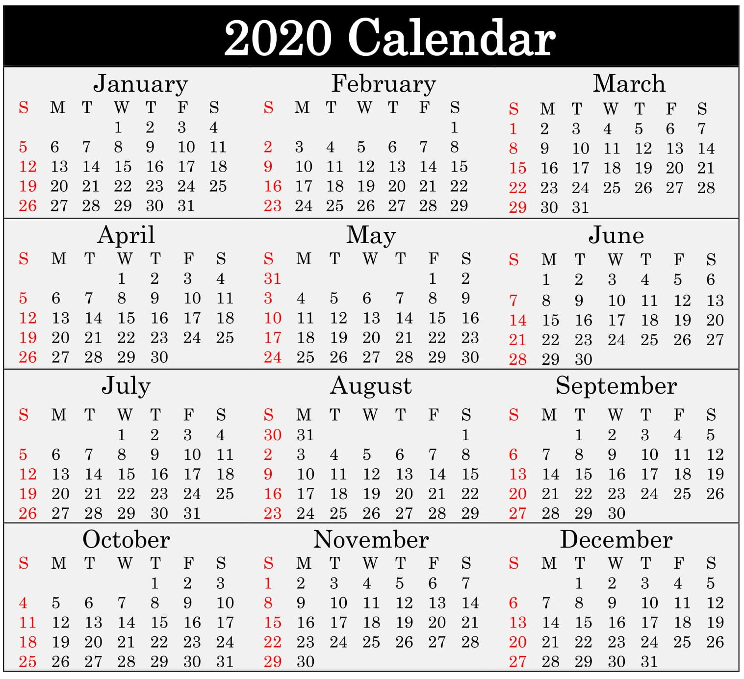 Printable 2020 Calendar Word Document - Latest Printable