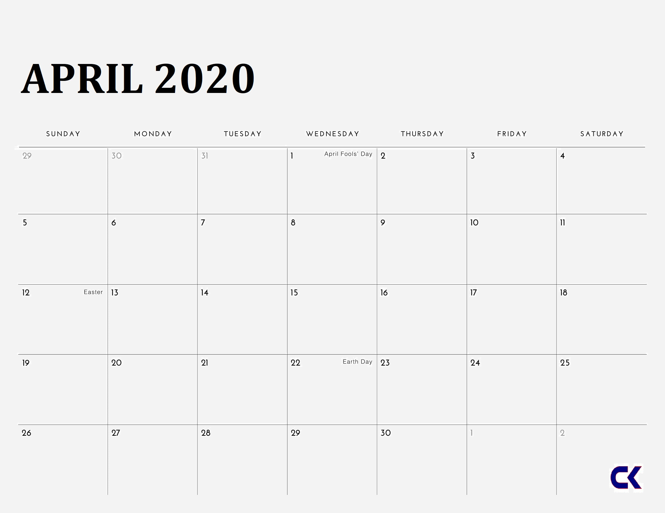 Printable April 2020 Calendar - Calendar-Kart