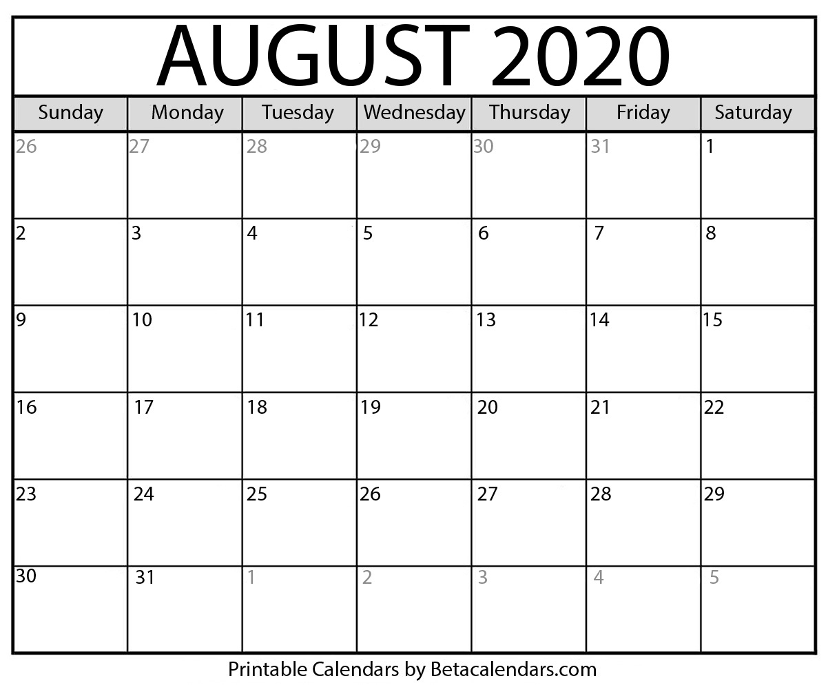 Printable August 2020 Calendar - Beta Calendars