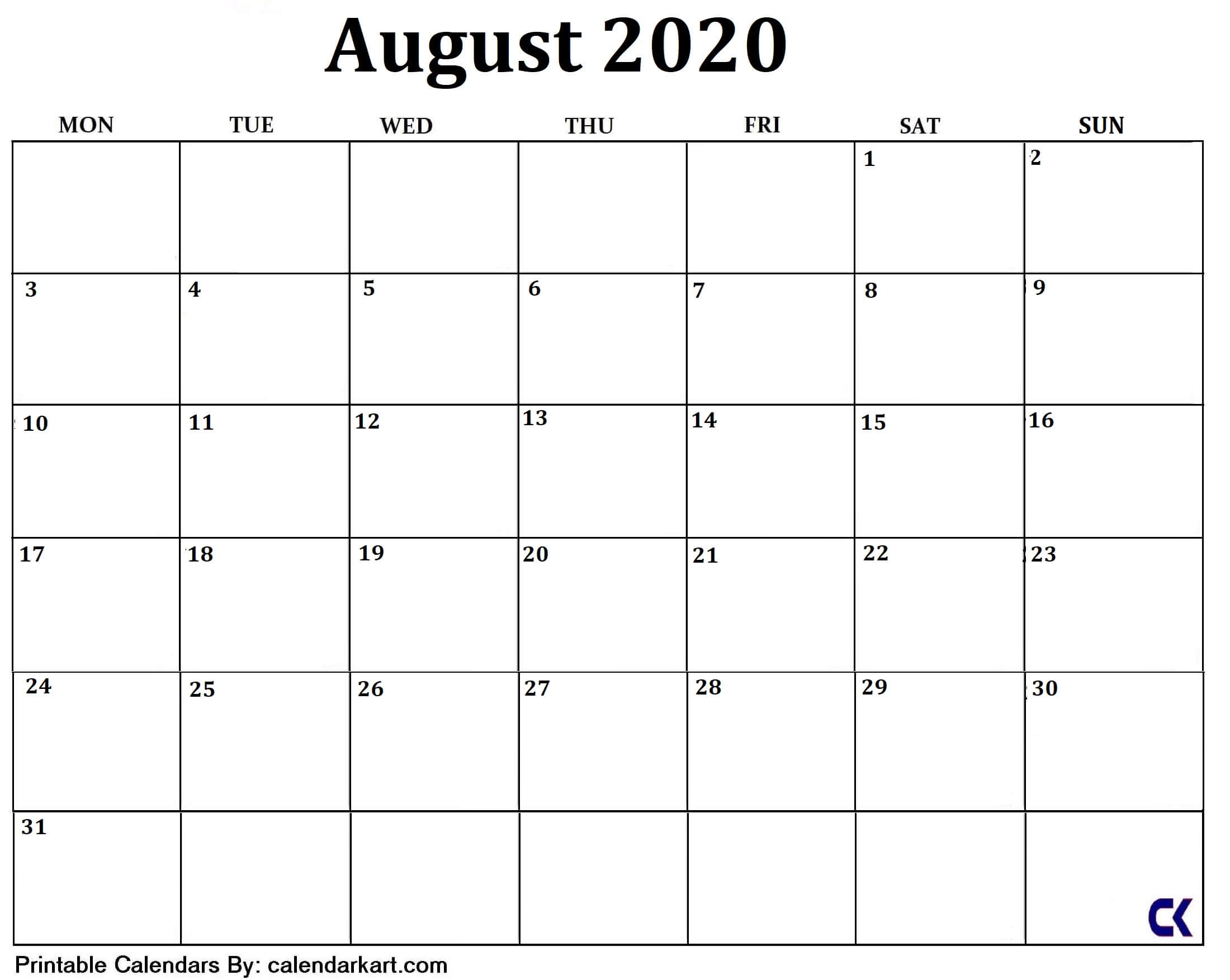 Printable August 2020 Calendar - Calendar-Kart