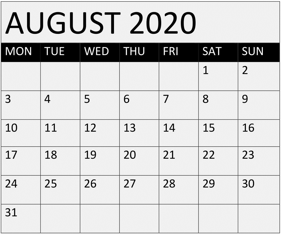 Printable August 2020 Calendar One Page – Free Latest