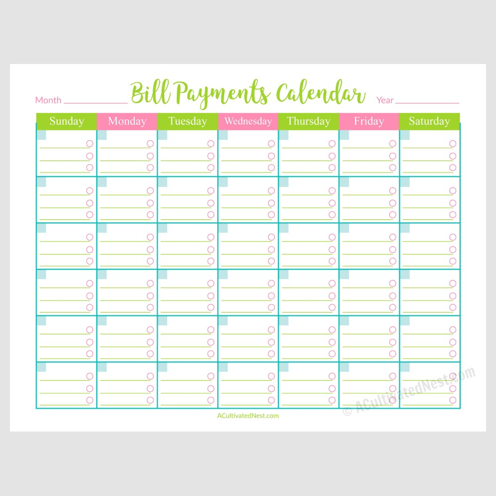 Printable Bill Payments Calendar