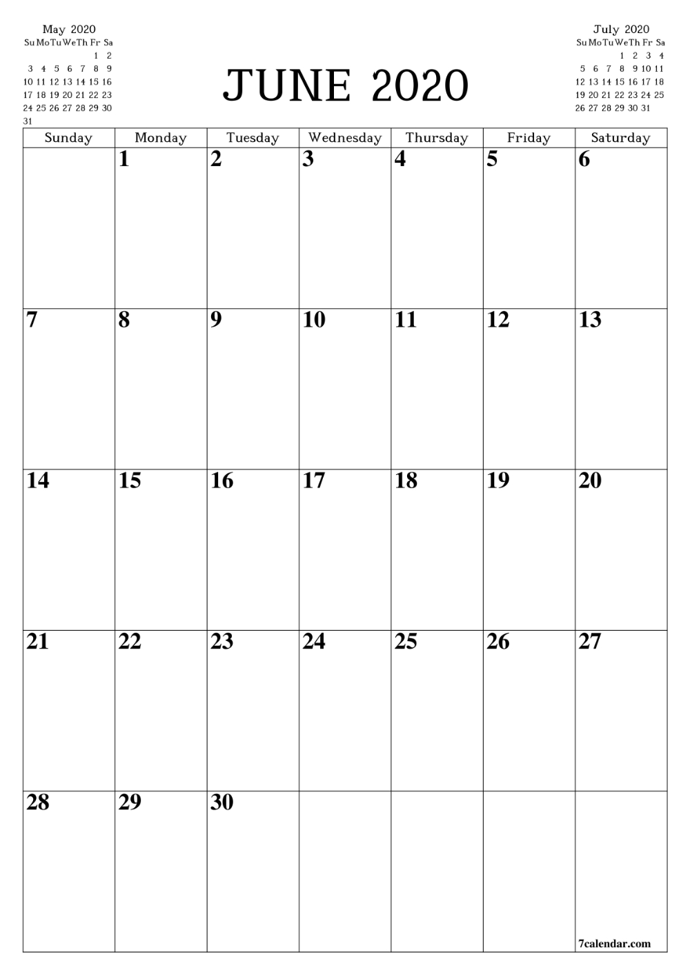 Printable Blank Calendar June 2020 | Пустой Календарь