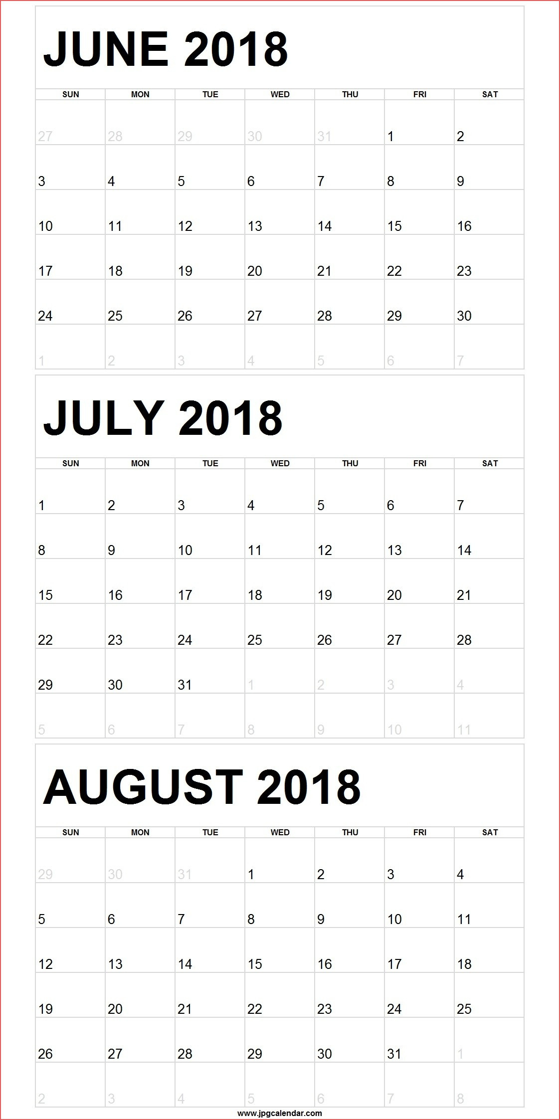 Printable Blank Calendar June July August 2019
