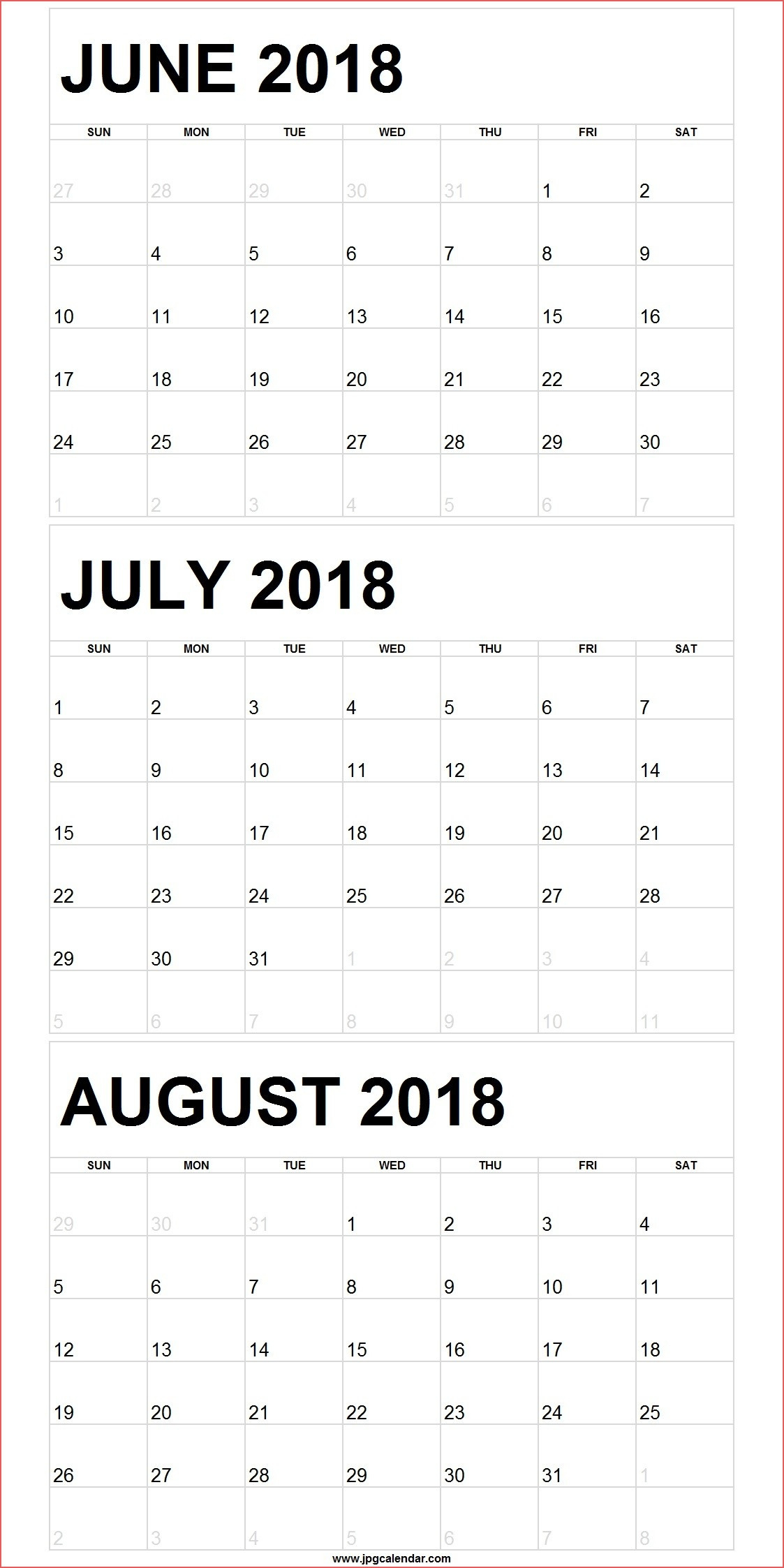 June July August Printable Calendar