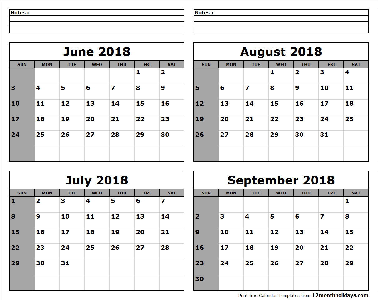 Printable Blank Four Month June July August September 2018