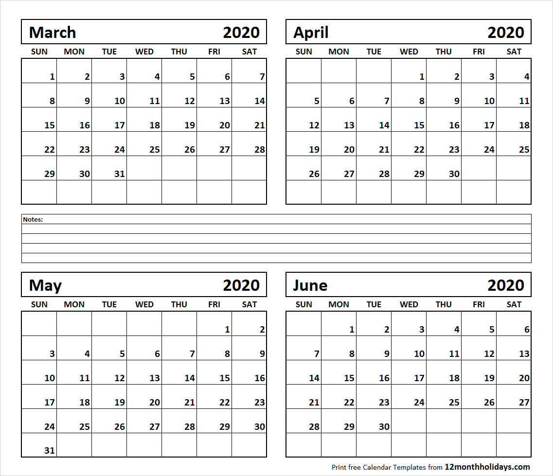 Printable Blank Four Month March April May June 2020