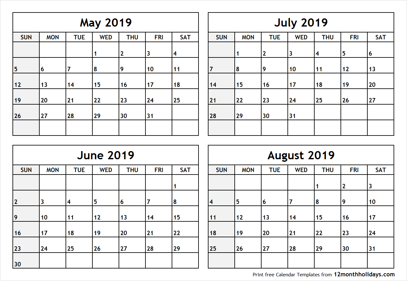 Printable Blank Four Month May June July August 2019