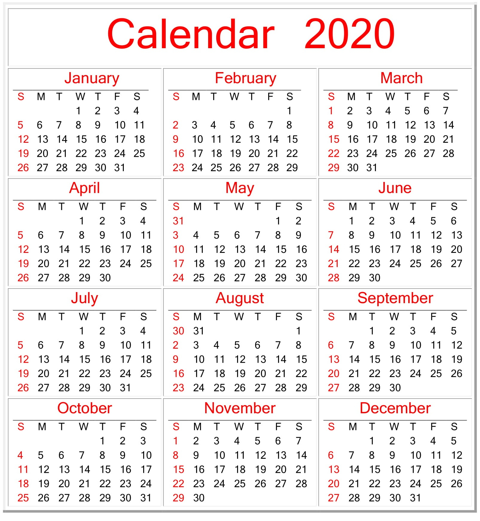 Printable Calendar 2020 Pdf Template – Free Latest Calendar