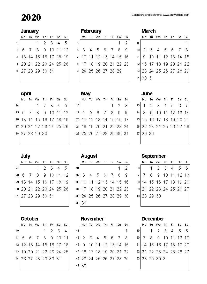 Printable Calendar 2020 With Week Numbers | Monthly