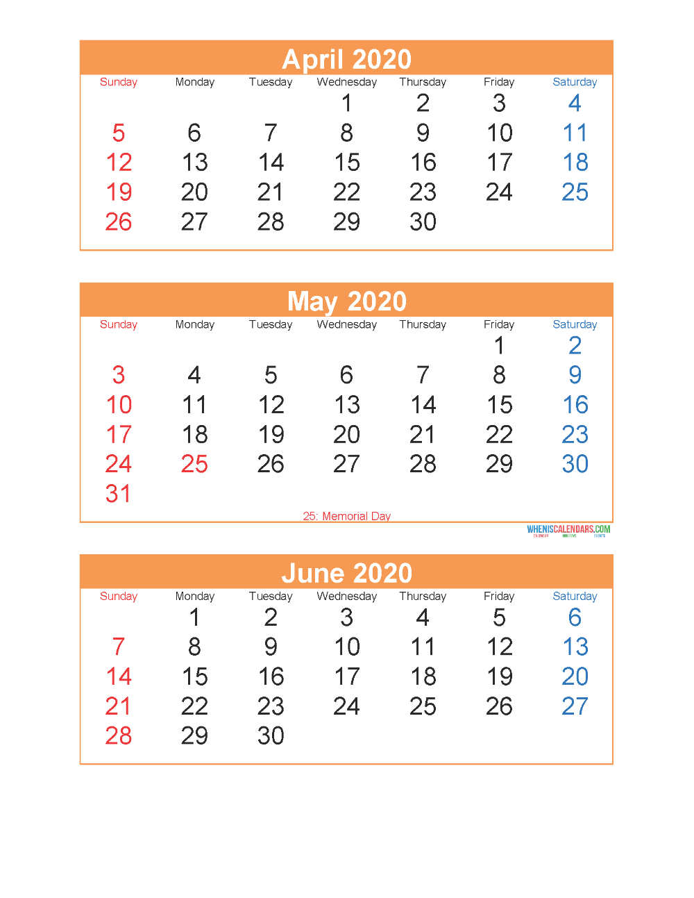 Printable Calendar April May June 2020 3 Months Per Page