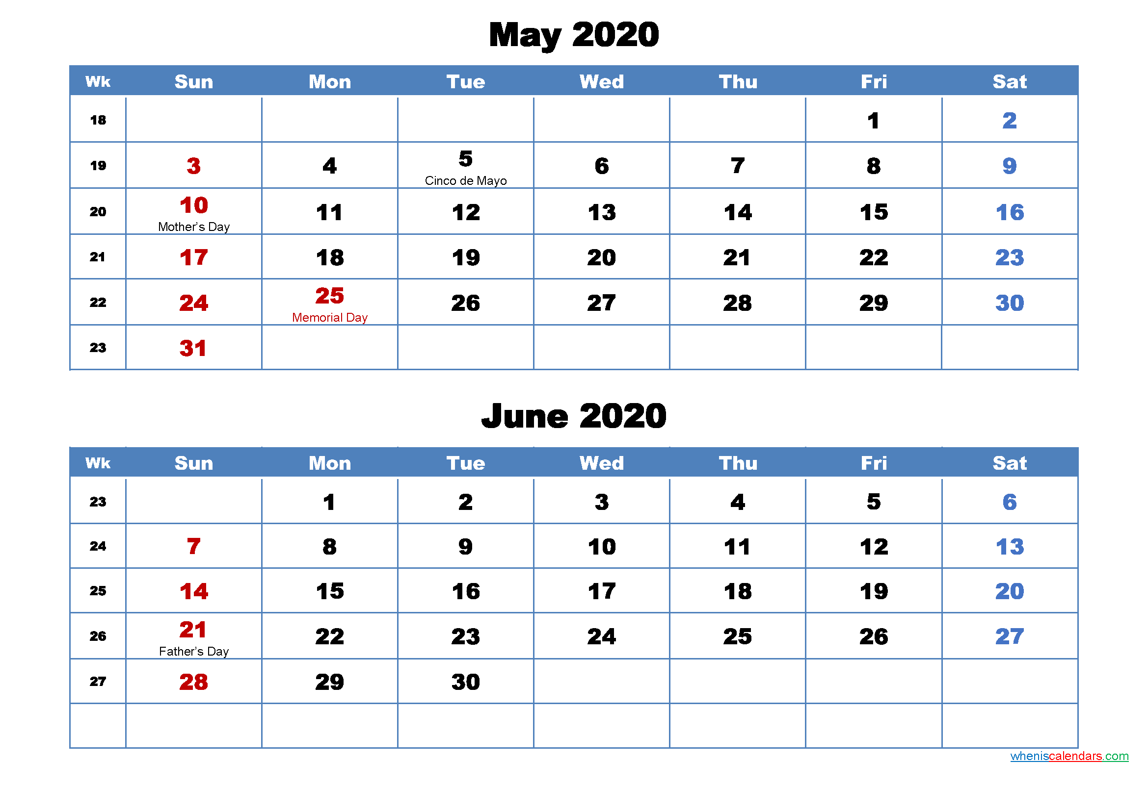 Printable Calendar May And June 2020 Word, Pdf | Free