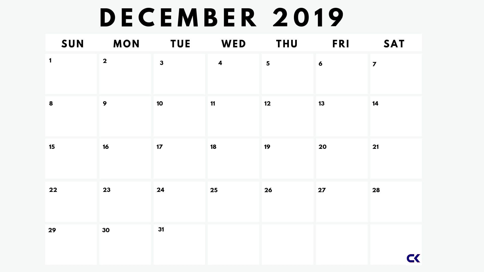 Printable December 2019 Calendar: Downloadable - Calendar-Kart