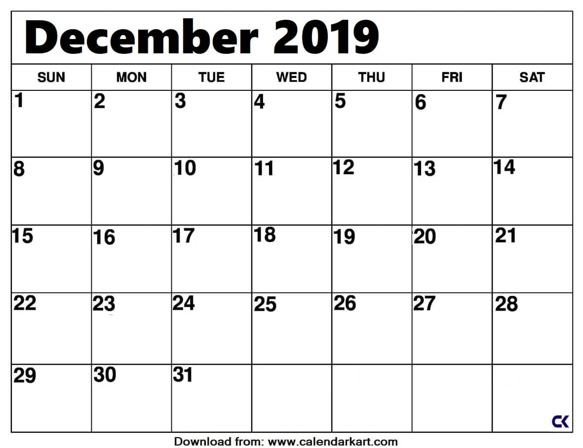 Printable December 2019 Calendar: Downloadable - Calendar-Kart