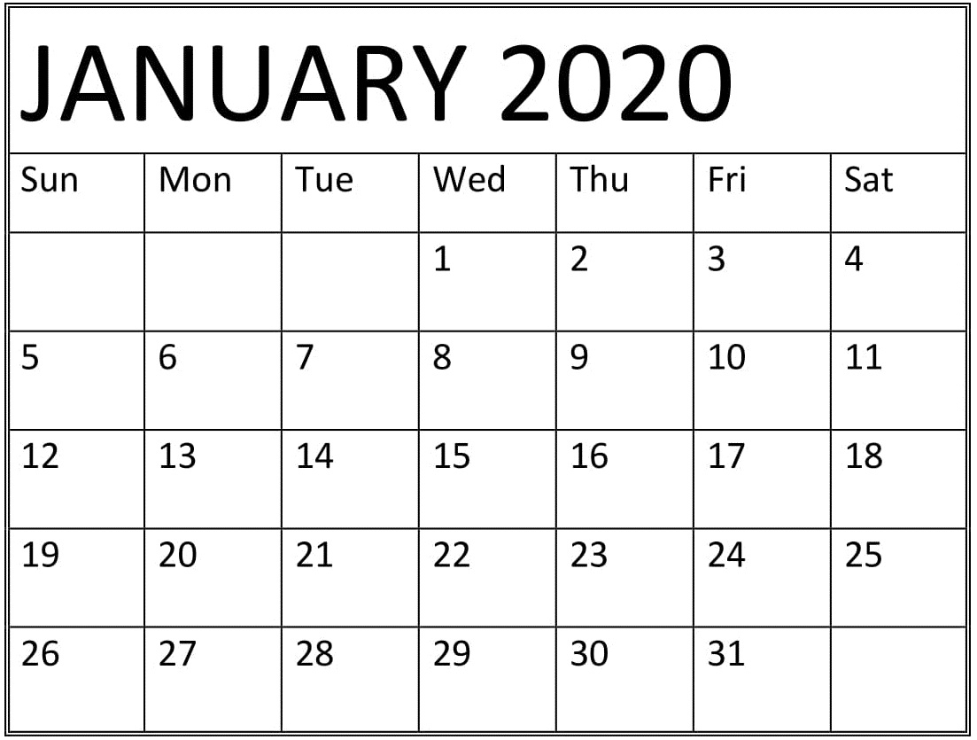 Printable January 2020 Calendar Monthly Template - Latest