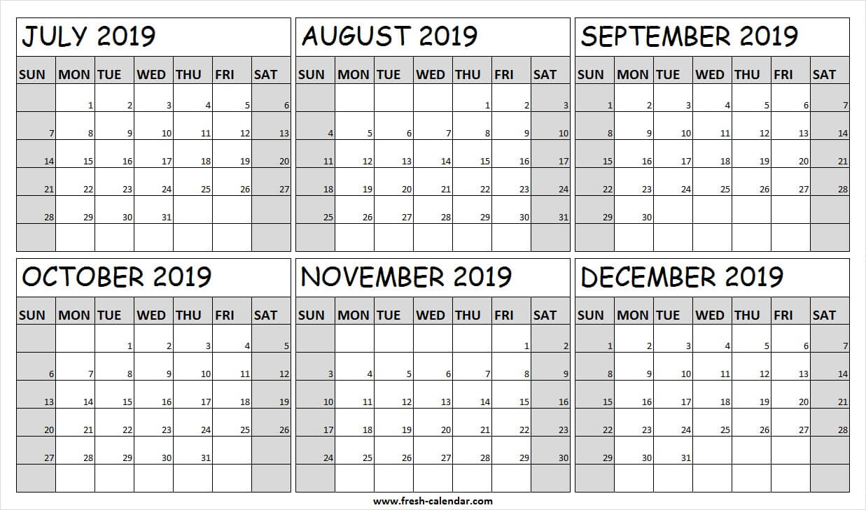 Printable July December 2019 Calendar Free | Fillable 2019