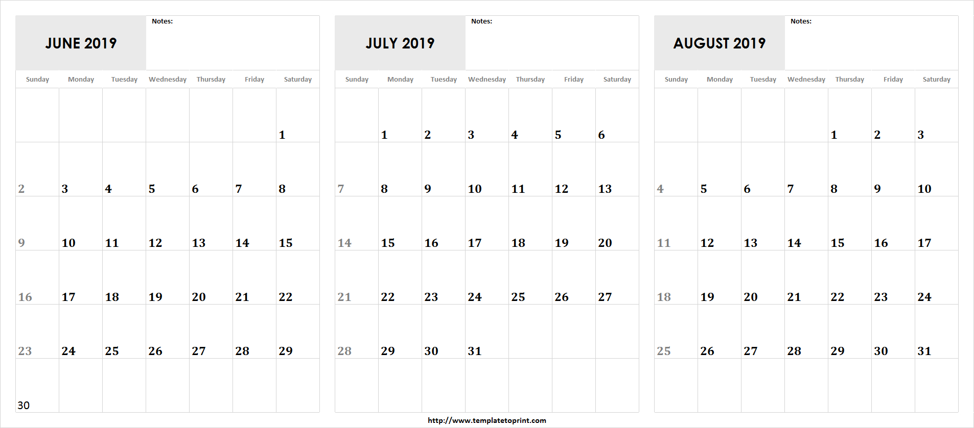 Printable June July August 2019 Calendar Template | 3 Month