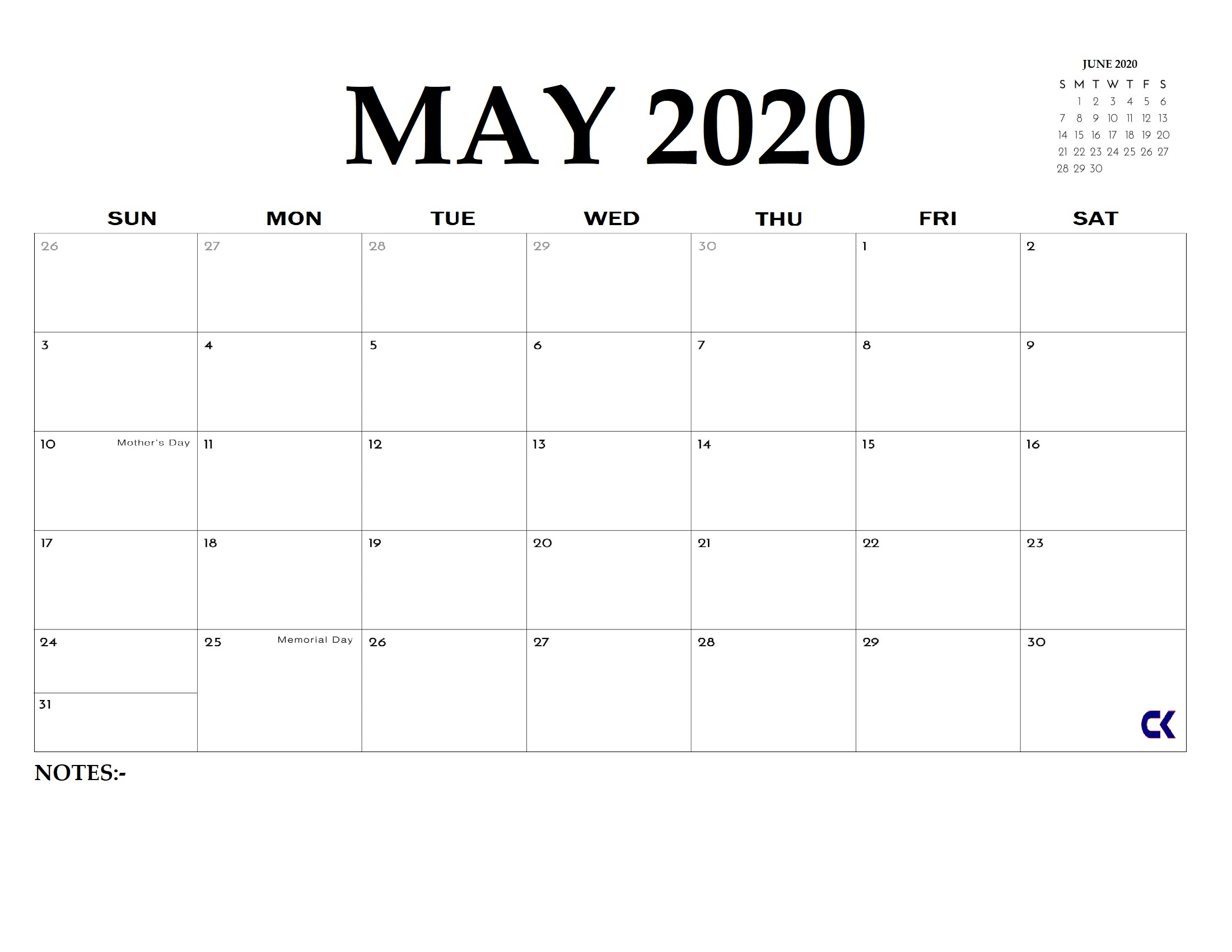 Printable May 2020 Calendar - Calendar-Kart